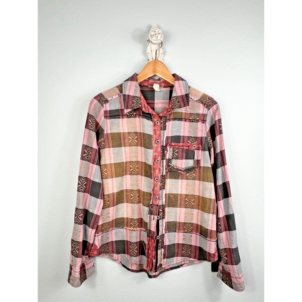 Free People Button Down Womens S Pink Plaid Patchwork Boho Raw Edge Top